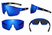Four different angles of blue sunglasses with black frames on a white background