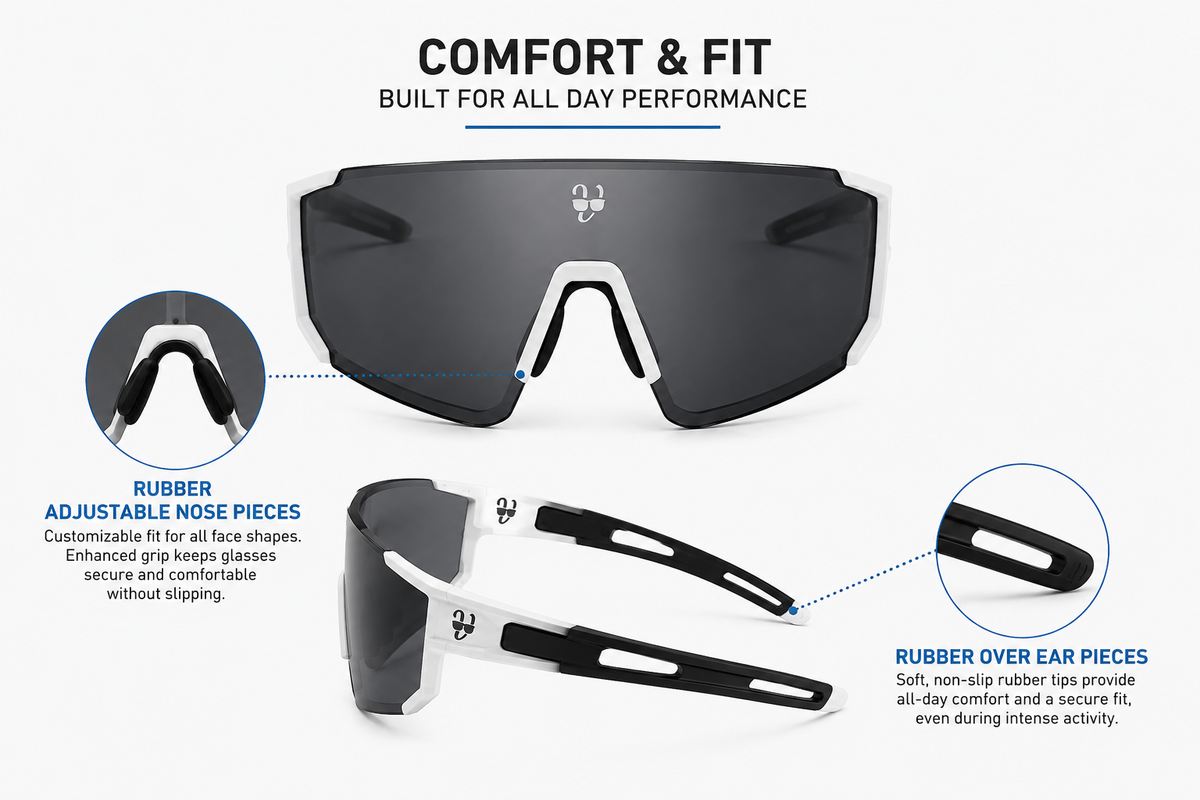 Sunglasses with adjustable nose pieces and rubber over ear pieces, emphasizing comfort and fit.