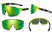 Green sunglasses with black frames on a white background