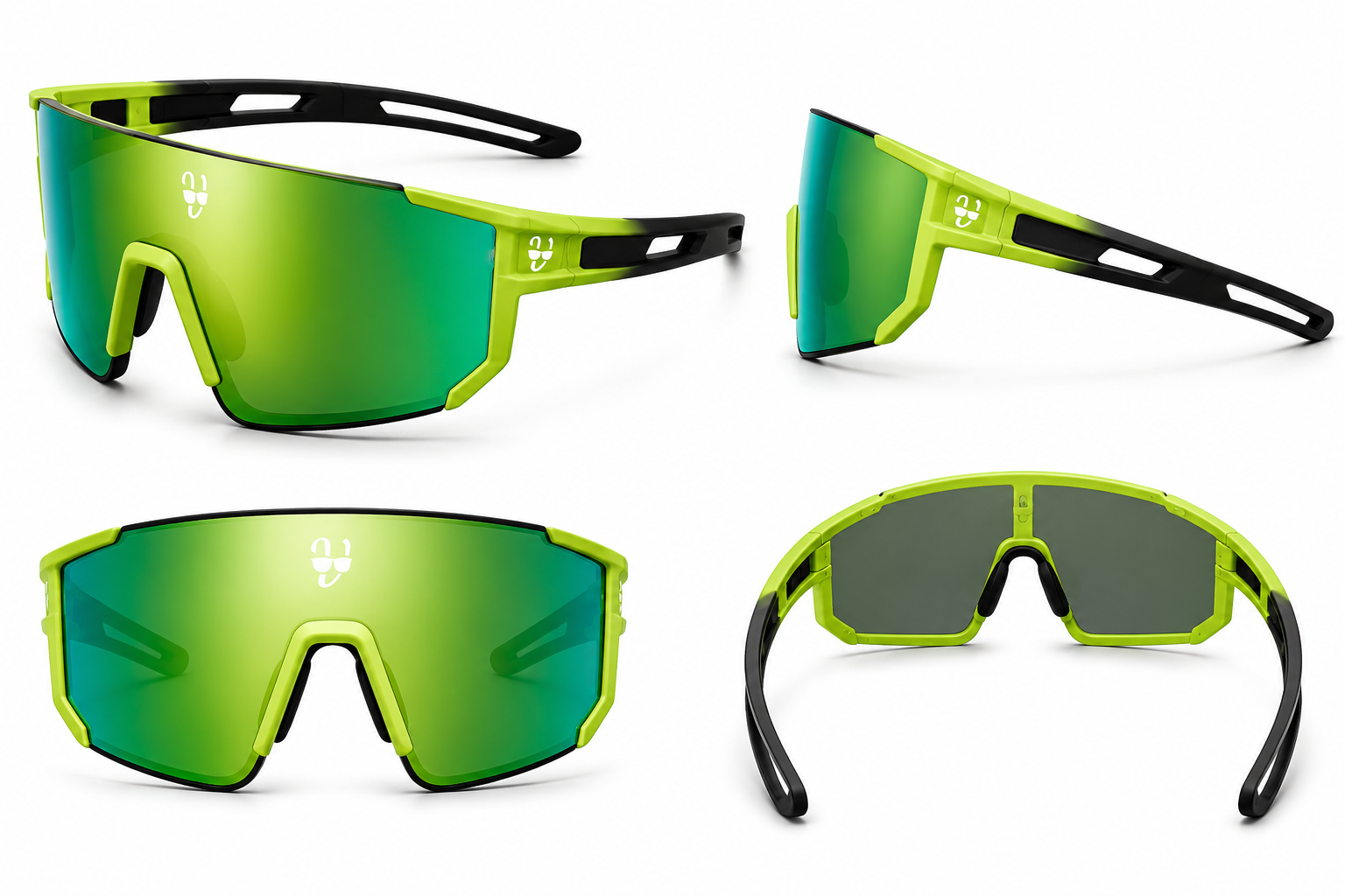 Green sunglasses with black frames on a white background