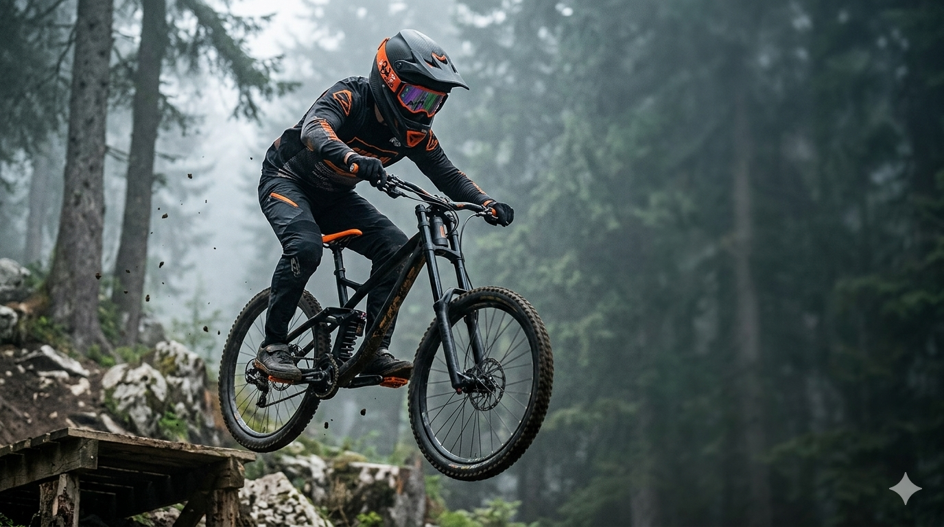 Person on a mountain bike in mid-air against a forest background
