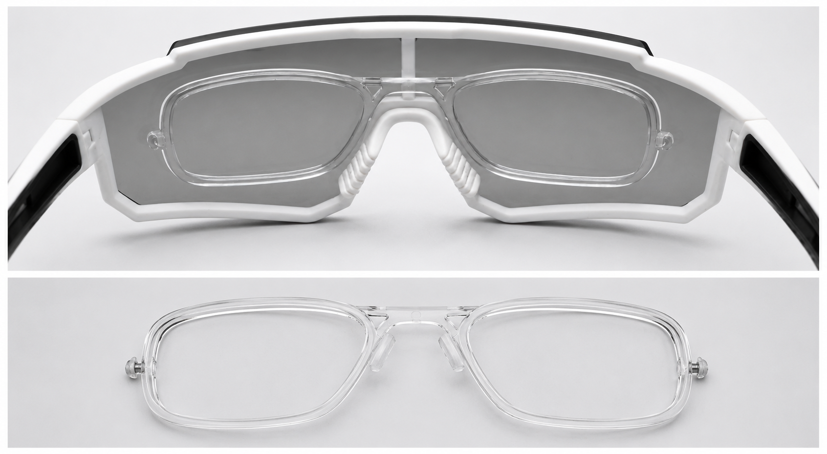 Close-up of a pair of eyeglasses with a white frame on a light gray background.