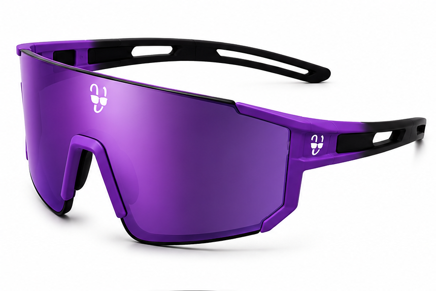 Purple sunglasses with black frames on a white background