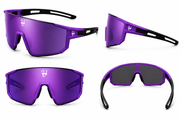 Purple sunglasses with black frames on a white background