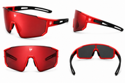 Red sunglasses with black frames on a white background