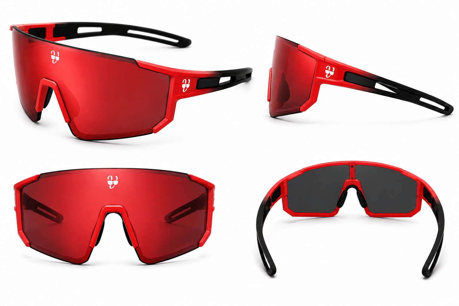 Red sunglasses with black frames on a white background