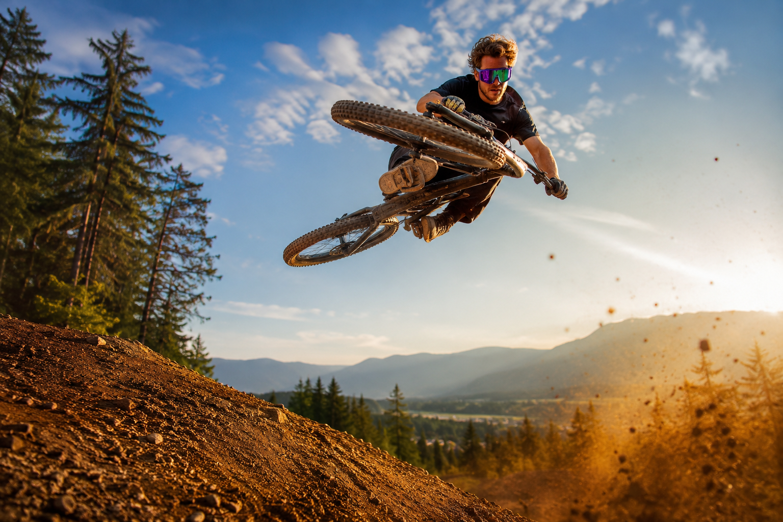 Person on a mountain bike performing a jump with trees and mountains in the background