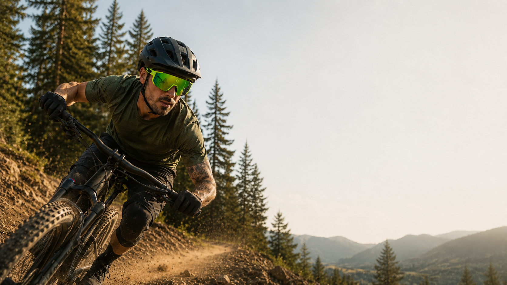 Man riding a mountain bike on a trail with trees and mountains in the background