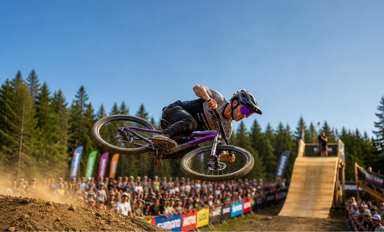Biker performing a stunt on a dirt track with spectators and banners in the background