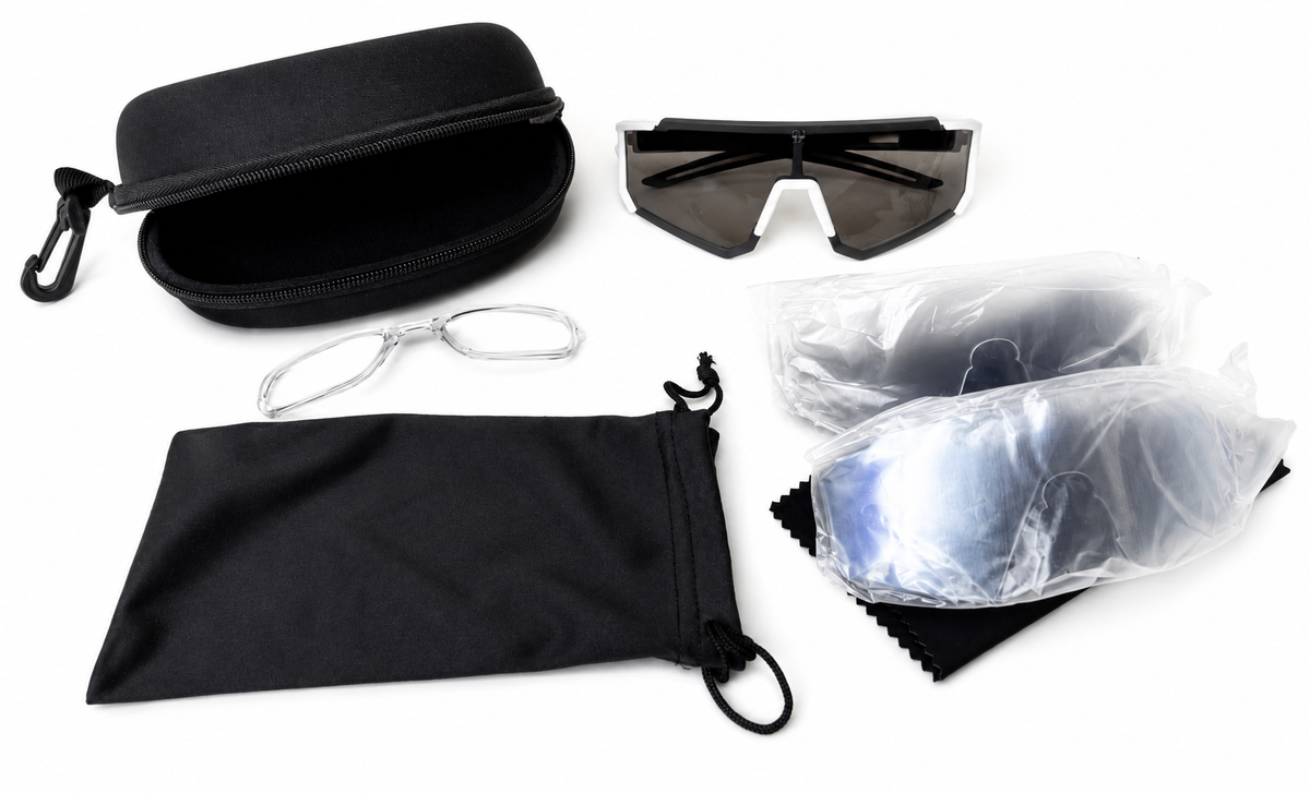 Set of sunglasses with carrying case, cleaning cloth, and protective sleeves on a white background