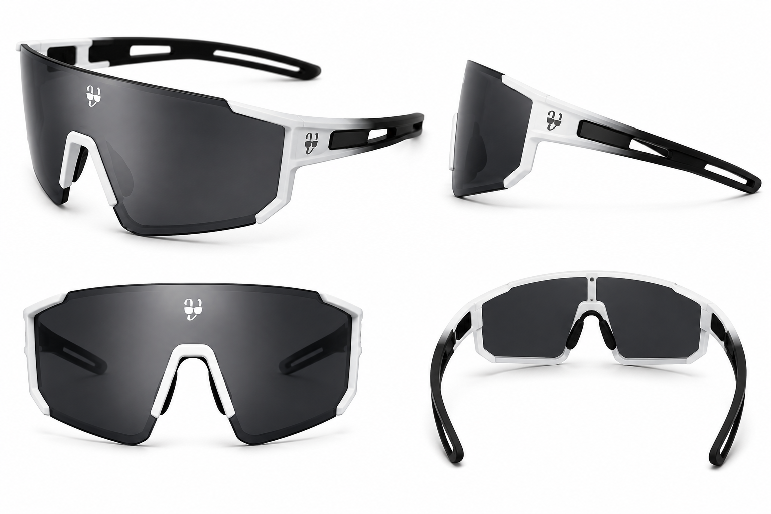 Four different angles of a pair of sunglasses with black lenses and black frames on a white background.